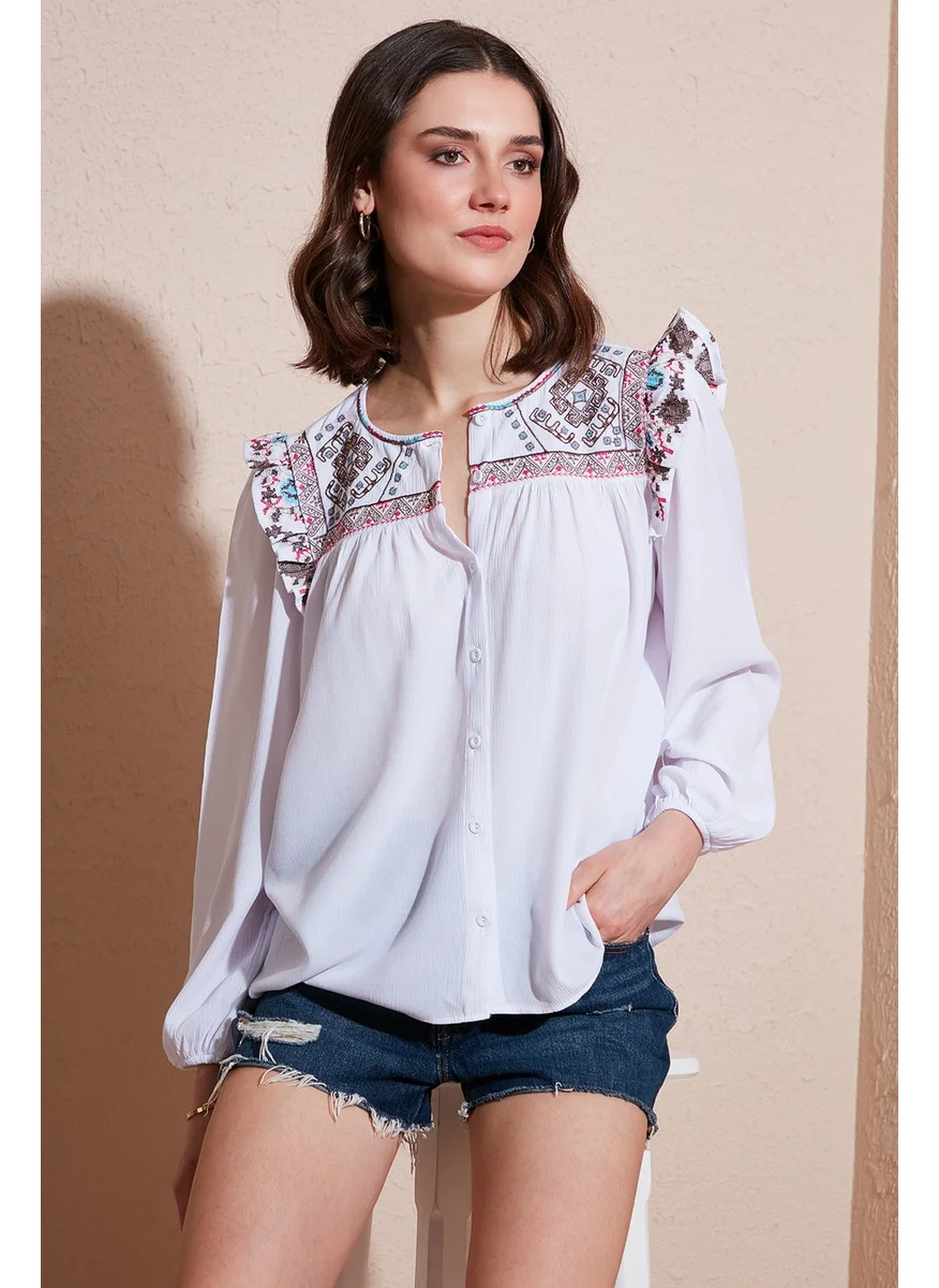 ليلا Ethnic Patterned Sleeve Detailed Crew Neck Şile Cloth Shirt Women's Shirt 611BZ0042