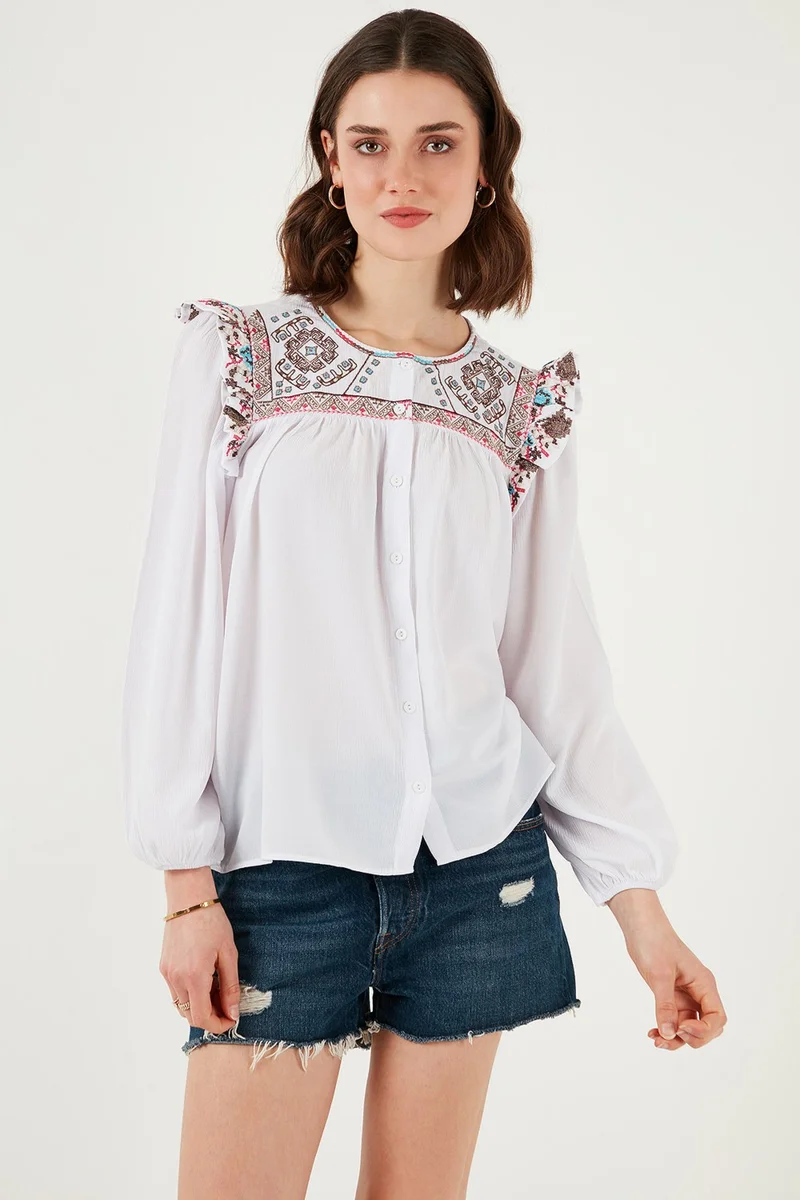Lela Ethnic Patterned Sleeve Detailed Crew Neck Şile Cloth Shirt Women's Shirt 611BZ0042