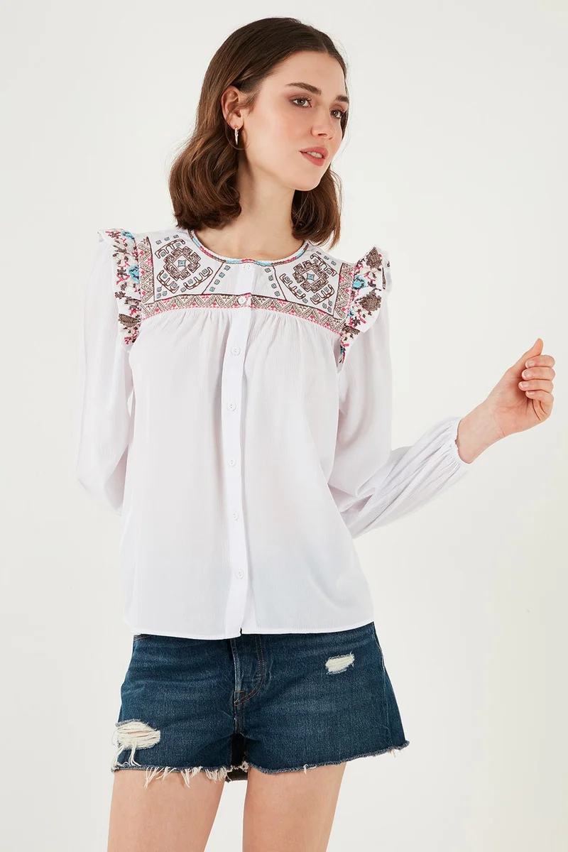 Lela Ethnic Patterned Sleeve Detailed Crew Neck Şile Cloth Shirt Women's Shirt 611BZ0042