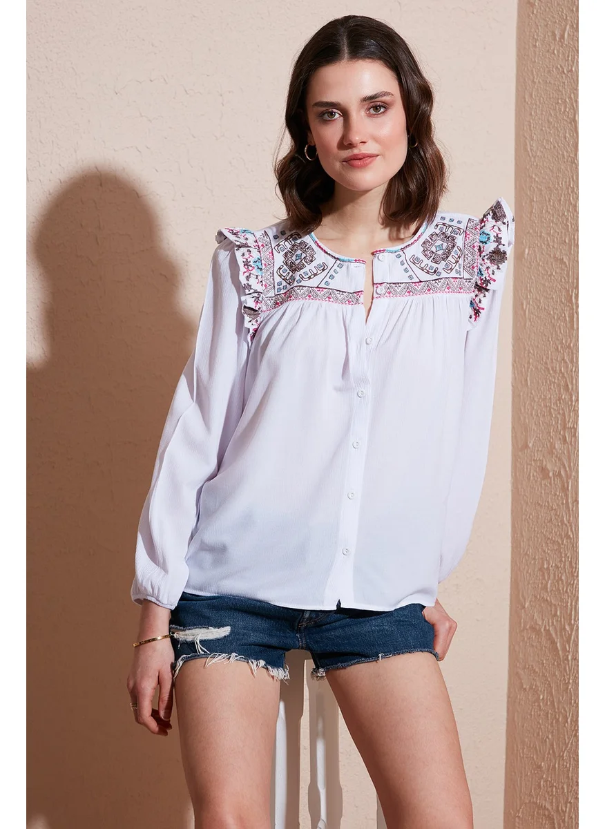 ليلا Ethnic Patterned Sleeve Detailed Crew Neck Şile Cloth Shirt Women's Shirt 611BZ0042