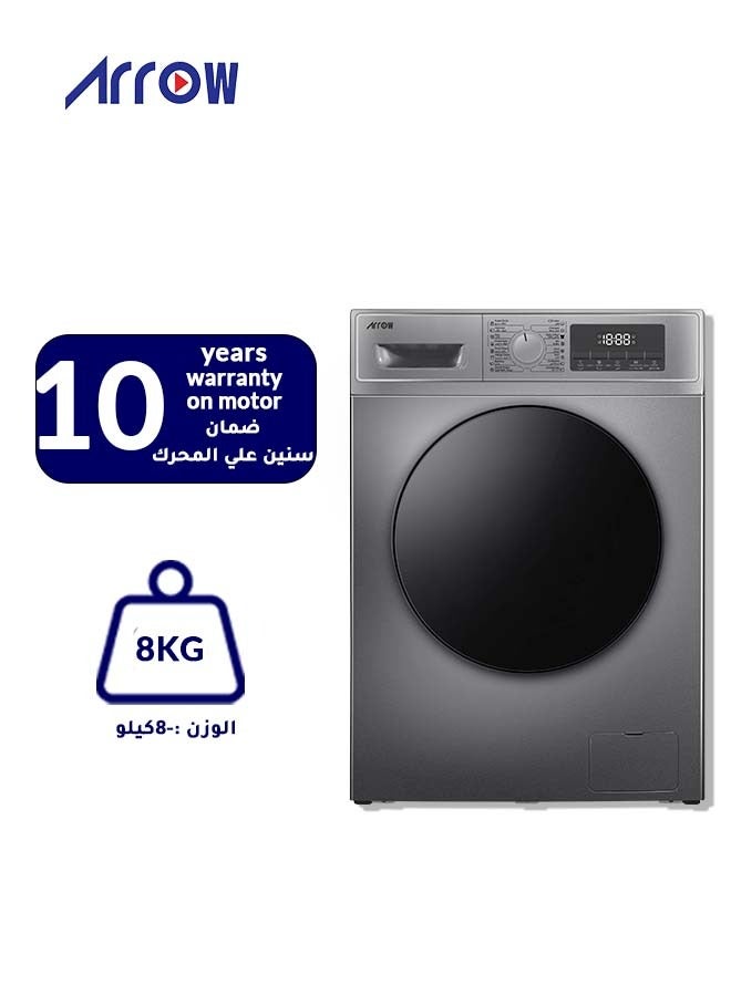 Arrow 8KG,16 Programs, Front load Automatic Washing Machine, 1200rpm Max. Spin Speed, Dark Silver Color, Auto Balance System, Child Lock, Fault Check, LED Display, Universal Motor | Classic Design, Perfect for Home, Apartments & Hotels with 2 Years Warranty. Model Name: RO-09FWTS-01 - Image 1