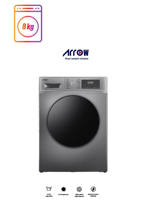 8KG Front loading Automatic Washing Machine, 1200rpm Max. Spin Speed, 16 Programs, Dark Silver Color, Auto Balance System, Child Lock, Fault Check, LED Display, Universal Motor | Model Name: RO-09FWTS-01