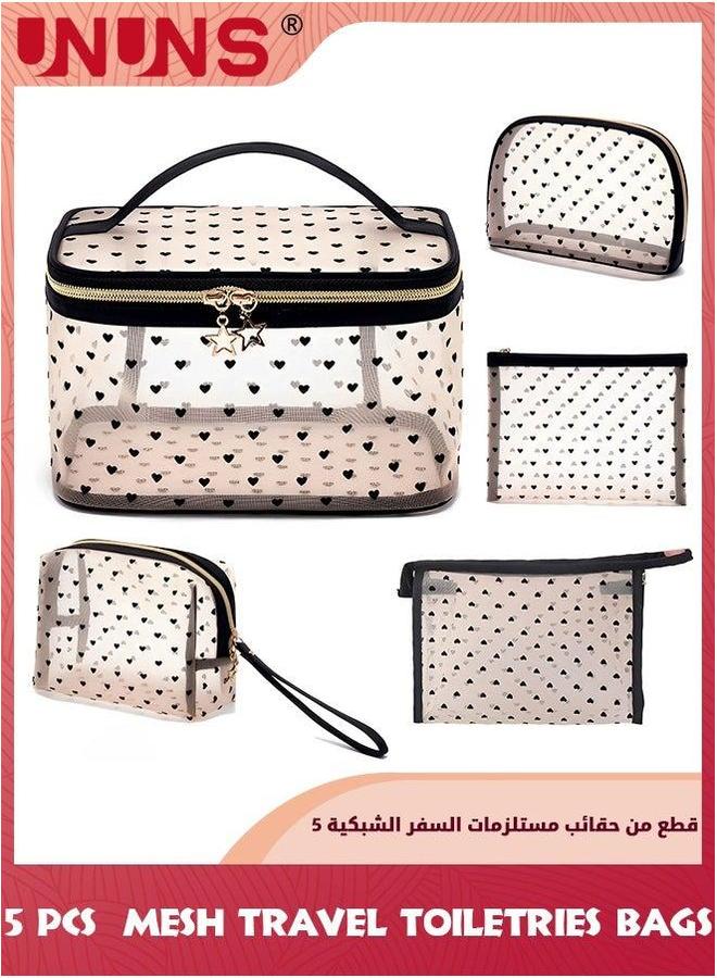 UNUNS 5 Pieces Mesh Toiletry Bags,Portable Travel Organizing Zipper Pouch,Clear Bag For Toiletries,Toiletry Carry Pouch Women Men,For Home Office Accessories-5 Sizes Heart - Image 1
