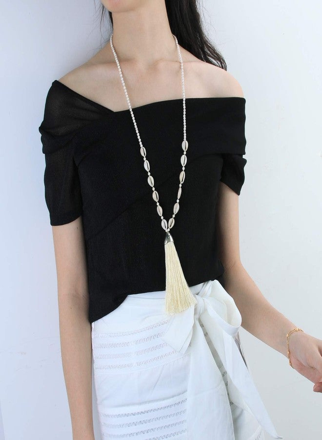KELITCH Women Tassel Shell Pearl Necklace Handmade Chains Long Strand Necklace Beach White Turquoise Necklace - Image 5