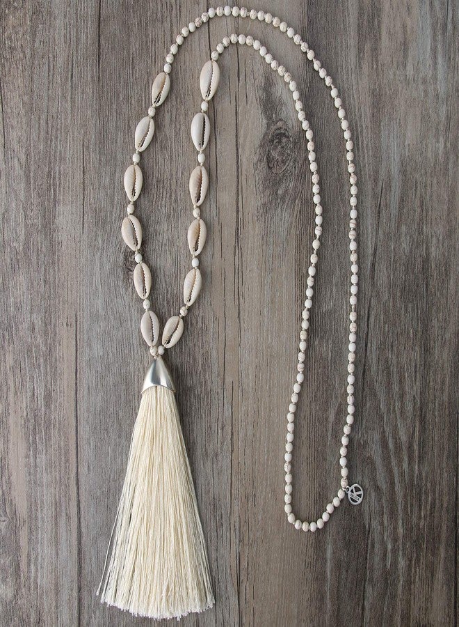 KELITCH Women Tassel Shell Pearl Necklace Handmade Chains Long Strand Necklace Beach White Turquoise Necklace - Image 3