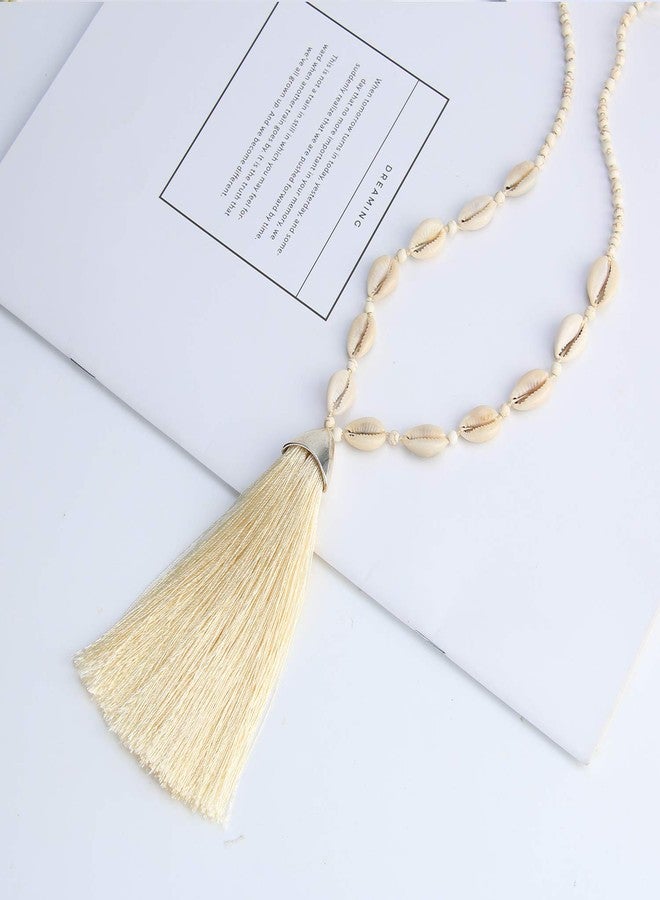 KELITCH Women Tassel Shell Pearl Necklace Handmade Chains Long Strand Necklace Beach White Turquoise Necklace - Image 2