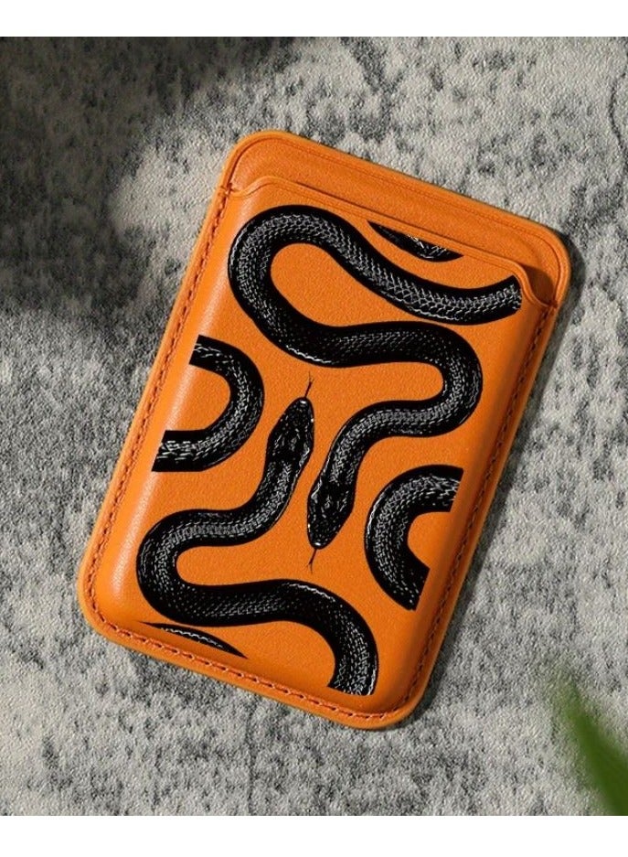 DECOR SOUQ Luxury Magnetic Phone Wallet Holder for iPhone – Orange Vegan Leather with 3D Snake Embossing – 2025 Exquisite Design – Slim, Secure Grip, RFID Blocking, Minimalist Card Holder for Men & Women - Suitable for iPhone 16, 15, 14, 13, 12, Pro & Pro Max Models – Holds upto 3 Cards – Limited Stock  - Image 1