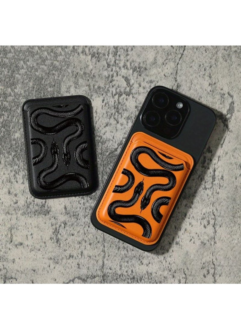 DECOR SOUQ Luxury Magnetic Phone Wallet Holder for iPhone – Orange Vegan Leather with 3D Snake Embossing – 2025 Exquisite Design – Slim, Secure Grip, RFID Blocking, Minimalist Card Holder for Men & Women - Suitable for iPhone 16, 15, 14, 13, 12, Pro & Pro Max Models – Holds upto 3 Cards – Limited Stock  - Image 2