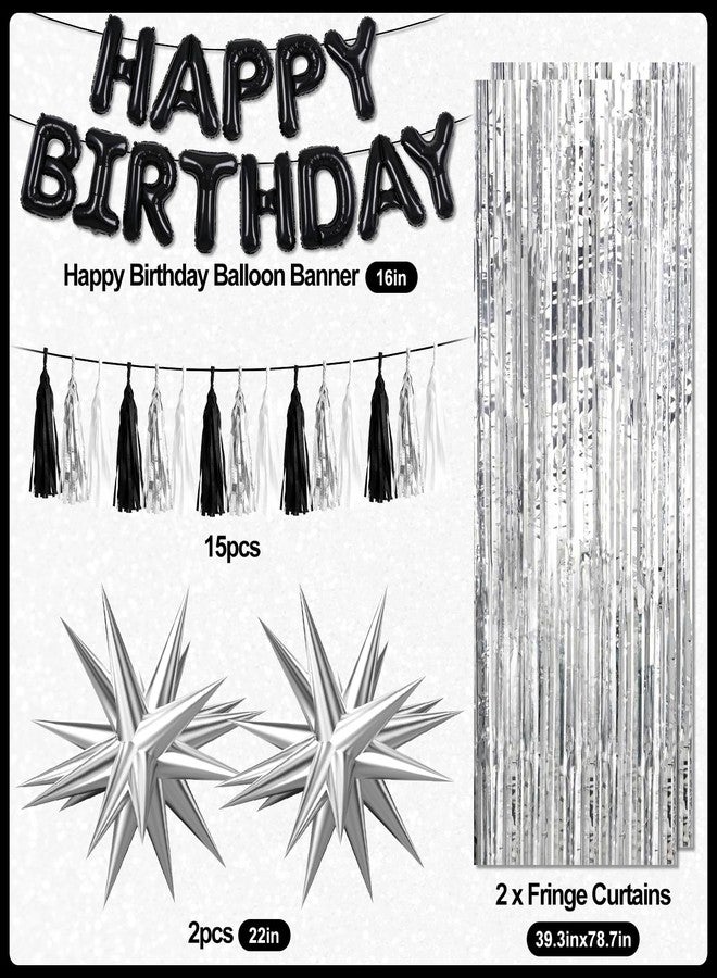 REDWORD Black Birthday Decorations, Black and Silver Birthday Decorations for Men Women Girls Including HAPPY BIRTHDAY Balloons Banner Foil and Latex Balloons Silver Fringe Curtains Tassels Garland - Image 2