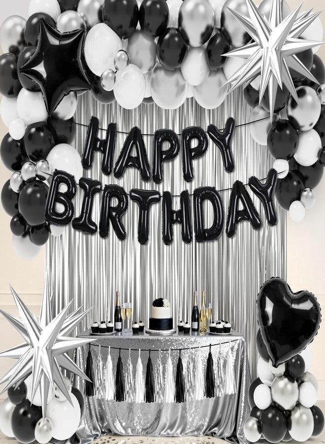 REDWORD Black Birthday Decorations, Black and Silver Birthday Decorations for Men Women Girls Including HAPPY BIRTHDAY Balloons Banner Foil and Latex Balloons Silver Fringe Curtains Tassels Garland - Image 1