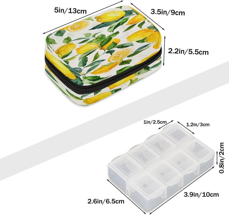 Fruit Leaves Lemon Pill Case Travel Pill Organizer Weekly 7 Day Portable with Zipper Medicine Box Pill Case for Vitamins, Birth Control,Fish Oils,Medication, Supplements - Image 2