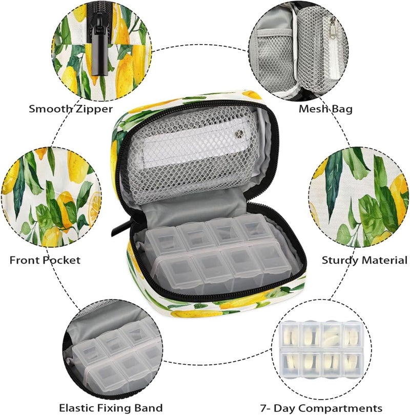 Fruit Leaves Lemon Pill Case Travel Pill Organizer Weekly 7 Day Portable with Zipper Medicine Box Pill Case for Vitamins, Birth Control,Fish Oils,Medication, Supplements - Image 3