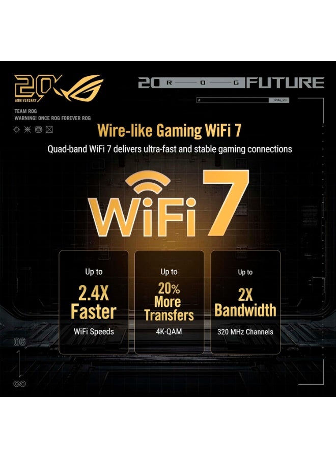 راوتر الألعاب ASUS GT-BE98 (إصدار الذكرى السنوية العشرين) بتقنية WiFi 7 و4 نطاقات ترددية ودعم AiMesh - سرعة 25 جيجابت في الثانية، عرض نطاق 320 ميجاهرتز، تقنية 4K-QAM، منفذي 10G، أربعة منافذ 2.5G، حماية AiProtection، دعم VPN، واتصال شبكات الجوال 4G LTE/5G - اللون الأسود والذهبي | WiFi 7 رباعي النطاق - Image 3
