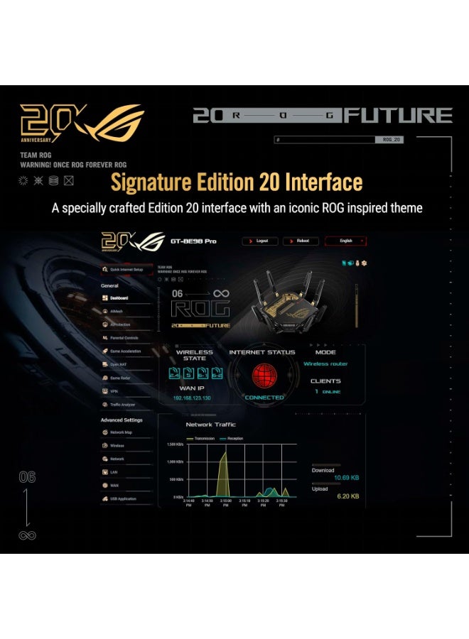 راوتر الألعاب ASUS GT-BE98 (إصدار الذكرى السنوية العشرين) بتقنية WiFi 7 و4 نطاقات ترددية ودعم AiMesh - سرعة 25 جيجابت في الثانية، عرض نطاق 320 ميجاهرتز، تقنية 4K-QAM، منفذي 10G، أربعة منافذ 2.5G، حماية AiProtection، دعم VPN، واتصال شبكات الجوال 4G LTE/5G - اللون الأسود والذهبي | WiFi 7 رباعي النطاق - Image 4