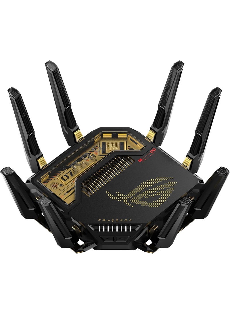 راوتر الألعاب ASUS GT-BE98 (إصدار الذكرى السنوية العشرين) بتقنية WiFi 7 و4 نطاقات ترددية ودعم AiMesh - سرعة 25 جيجابت في الثانية، عرض نطاق 320 ميجاهرتز، تقنية 4K-QAM، منفذي 10G، أربعة منافذ 2.5G، حماية AiProtection، دعم VPN، واتصال شبكات الجوال 4G LTE/5G - اللون الأسود والذهبي | WiFi 7 رباعي النطاق - Image 1
