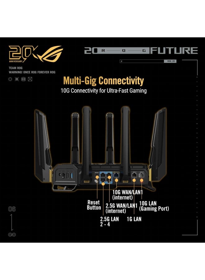 راوتر الألعاب ASUS GT-BE98 (إصدار الذكرى السنوية العشرين) بتقنية WiFi 7 و4 نطاقات ترددية ودعم AiMesh - سرعة 25 جيجابت في الثانية، عرض نطاق 320 ميجاهرتز، تقنية 4K-QAM، منفذي 10G، أربعة منافذ 2.5G، حماية AiProtection، دعم VPN، واتصال شبكات الجوال 4G LTE/5G - اللون الأسود والذهبي | WiFi 7 رباعي النطاق - Image 2