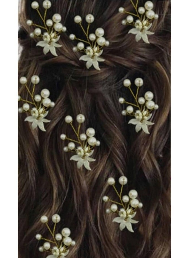 Devino Ora Pearl Artificial Bridal Wedding/hair flower accessories For Women's/gajra/Juda Pin/Juda Bun/Hair Clip/artificial flowers For hair / - White And Golden (10) - Image 5