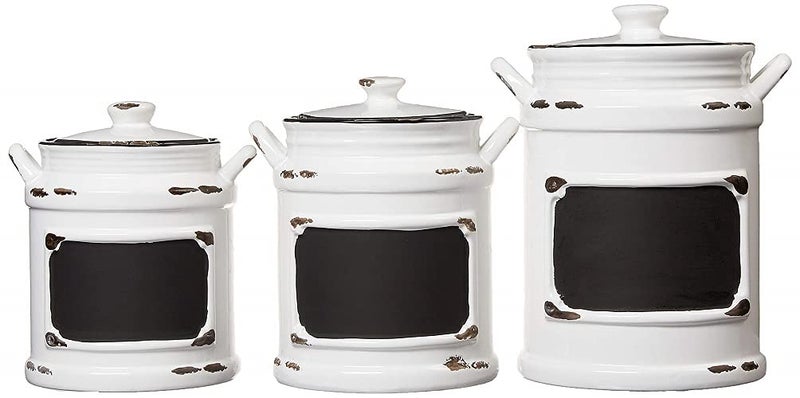 American Atelier Vintage Canister Set 3Piece Ceramic Jars Chic Design with Lids for Cookies Candy Coffee Flour Sugar Rice Pasta Cereal  More 21x8x11 White with Black Distressing