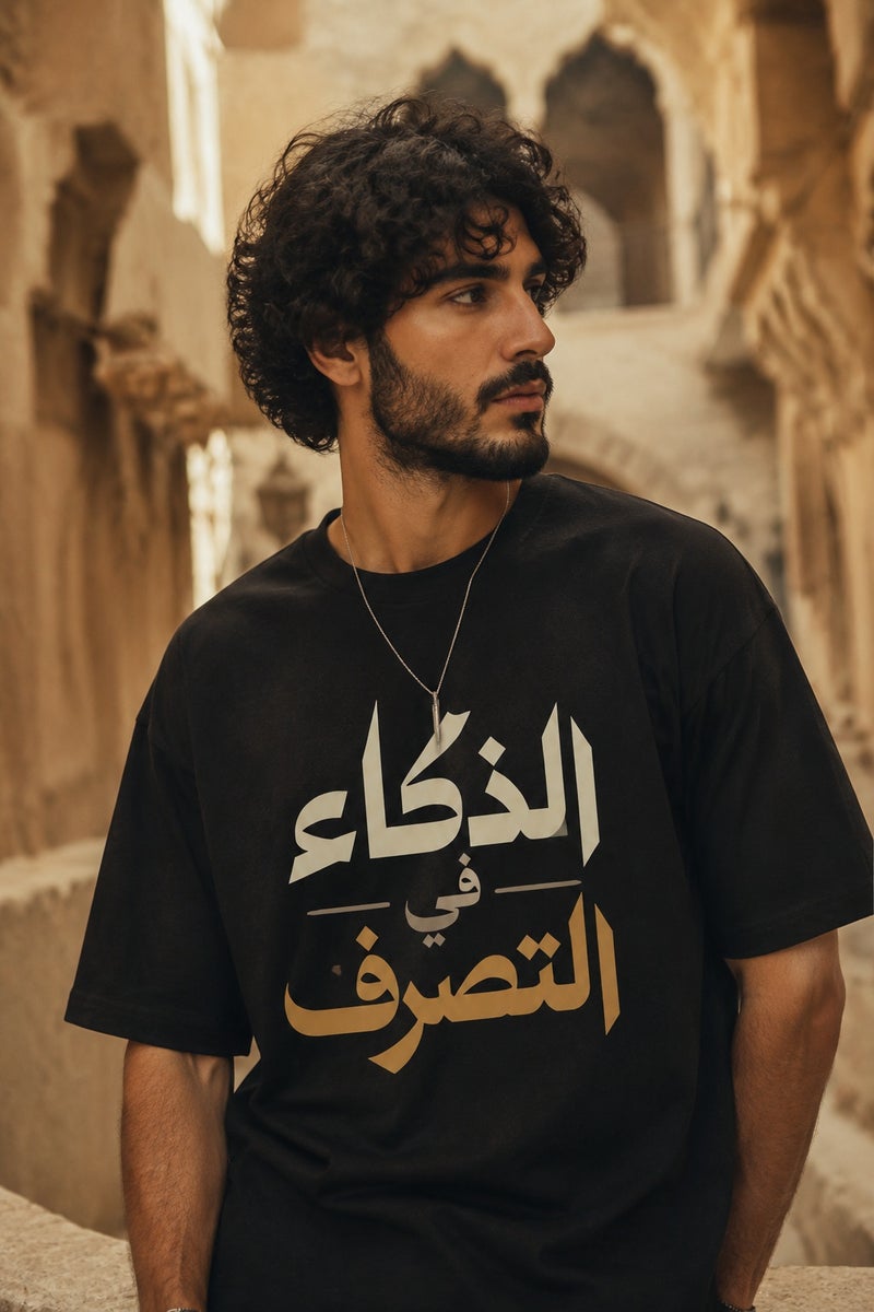 Men's Oversized Black Arabic Typography T-Shirt Casual Short Sleeve Crew Neck Streetwear Tee - Image 1