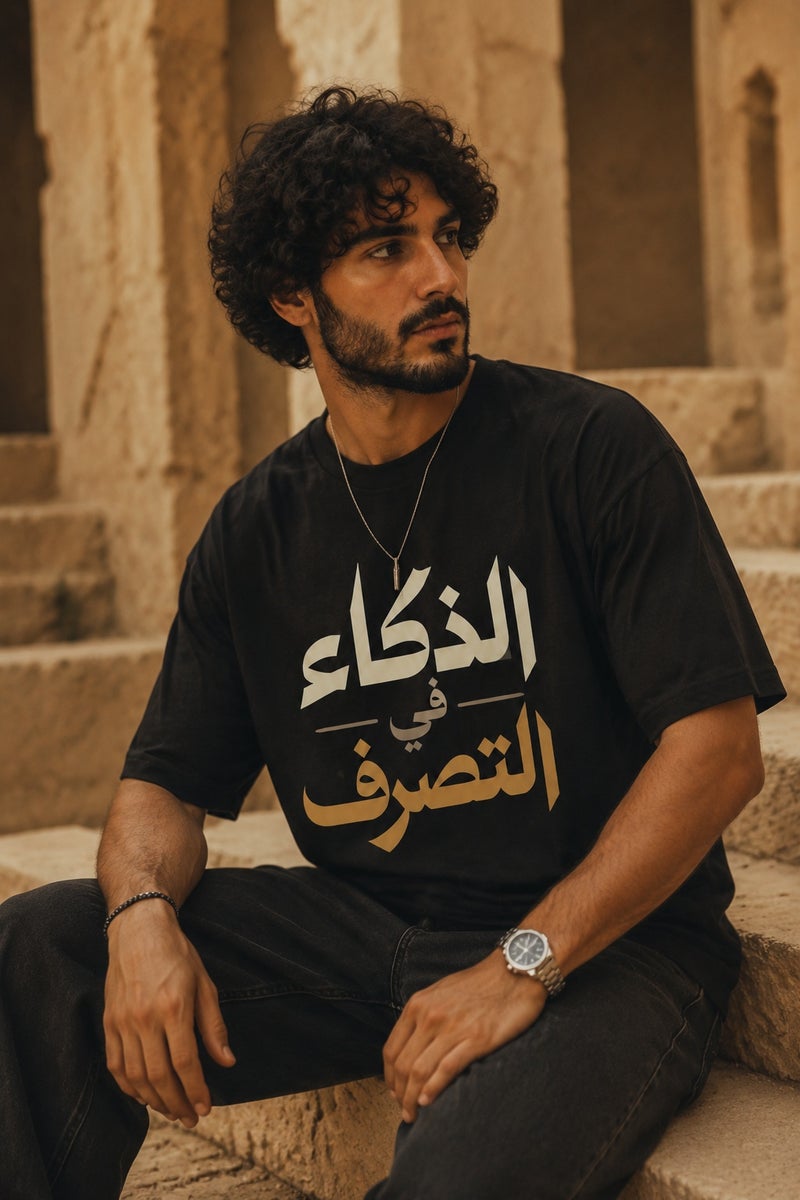 Men's Oversized Black Arabic Typography T-Shirt Casual Short Sleeve Crew Neck Streetwear Tee - Image 4