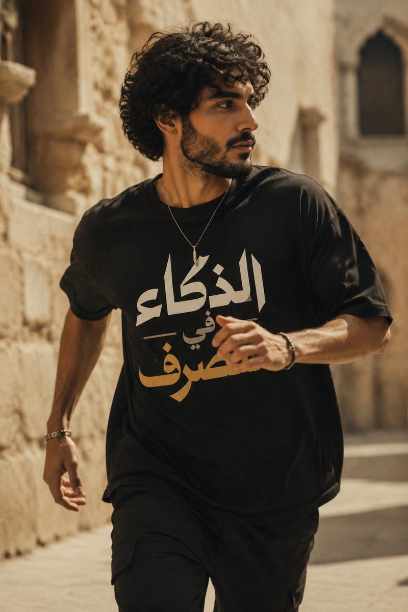 Men's Oversized Black Arabic Typography T-Shirt Casual Short Sleeve Crew Neck Streetwear Tee - Image 3