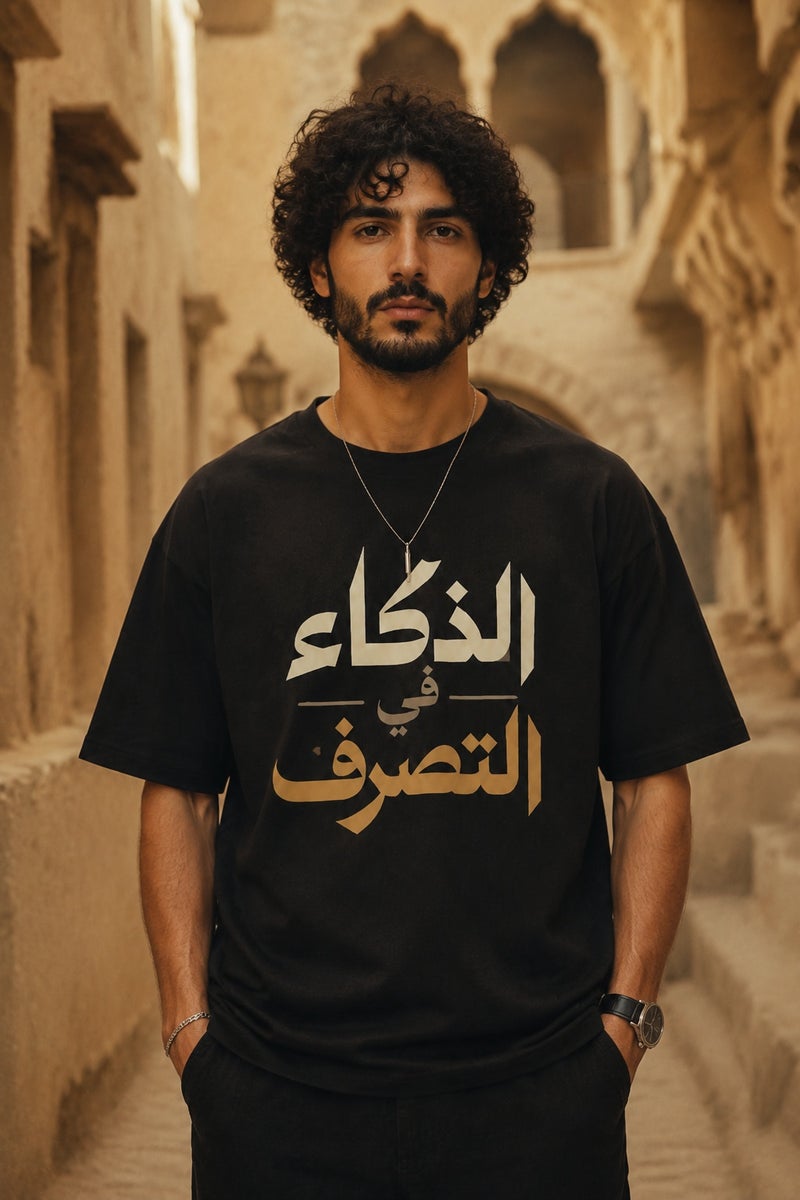 Men's Oversized Black Arabic Typography T-Shirt Casual Short Sleeve Crew Neck Streetwear Tee - Image 2