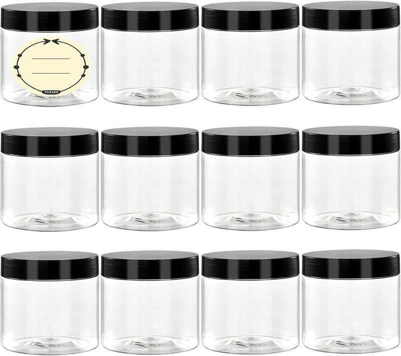 TUZAZO 6 Oz Plastic Container Jars with Lids and Labels BPA Free, Empty Round Clear Cosmetic Containers Plastic Slime Jars for Lotion, Cream, Ointments, Body Butter, Makeup, Travel Storage (12 Pack)