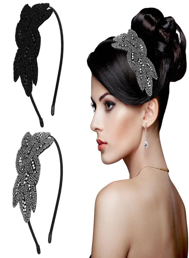 Sibba Vintage 1920s Flapper Headband 2-Pack Sparkling Rhinestone Sequin Gatsby Headpiece for Women, Roaring Twenties Costume Headwear for Dresses, Black & Gray Art Deco Hair Accessories - Image 2