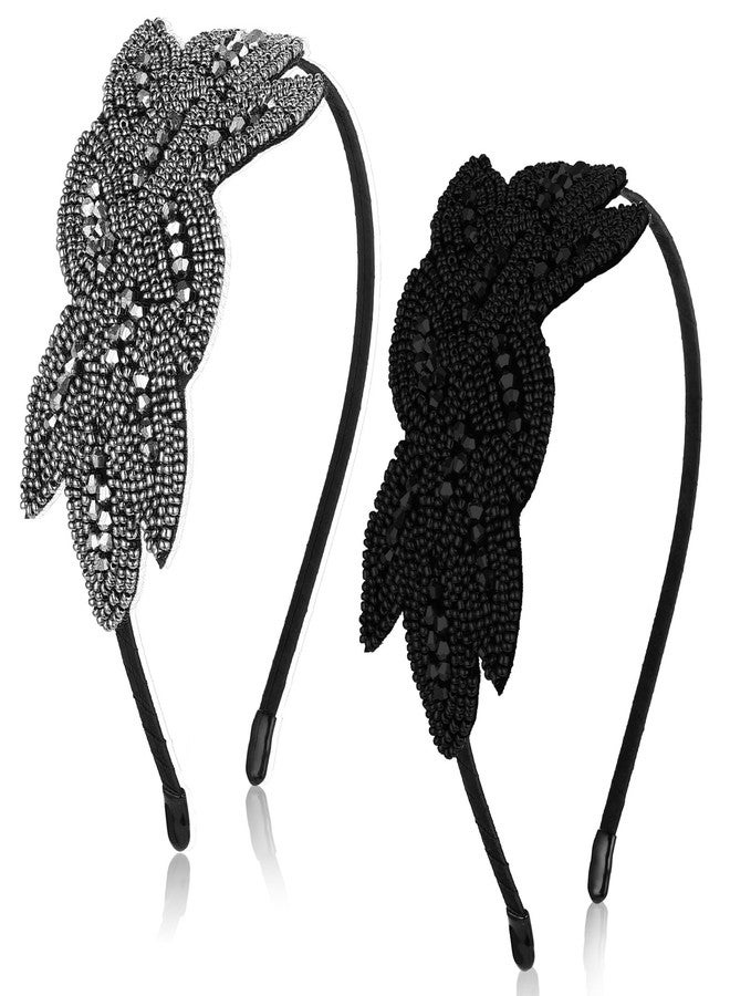 Sibba Vintage 1920s Flapper Headband 2-Pack Sparkling Rhinestone Sequin Gatsby Headpiece for Women, Roaring Twenties Costume Headwear for Dresses, Black & Gray Art Deco Hair Accessories - Image 1
