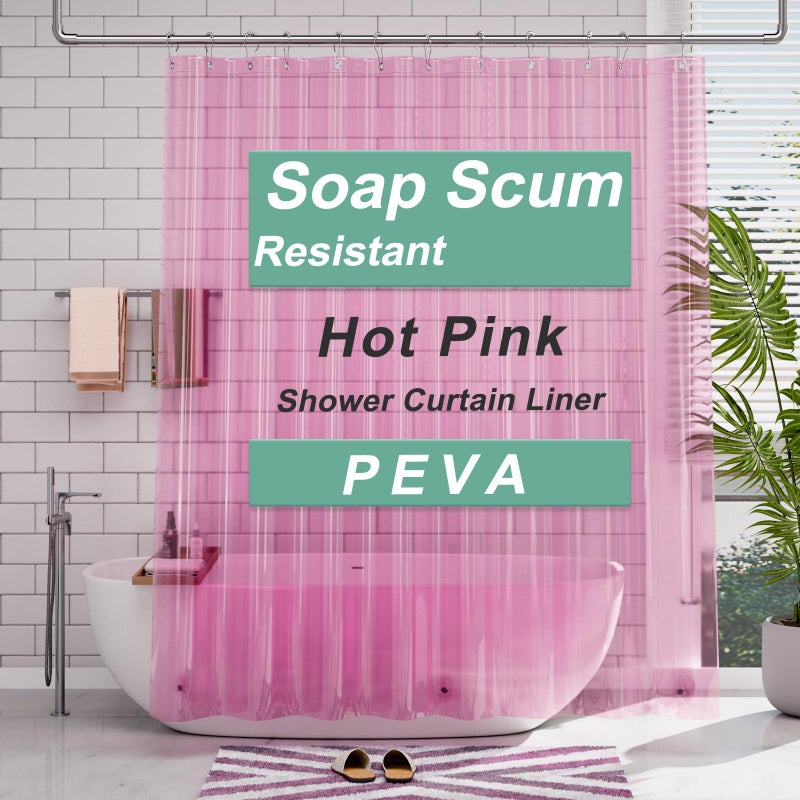 AmazerBath Shower Curtain Liner 72x72 Transparent Hot Pink Shower Liner Lightweight Plastic Shower Curtain Liners Cute Waterproof Shower Liner for Bathroom with 3 Magnets 12 Grommet Holes
