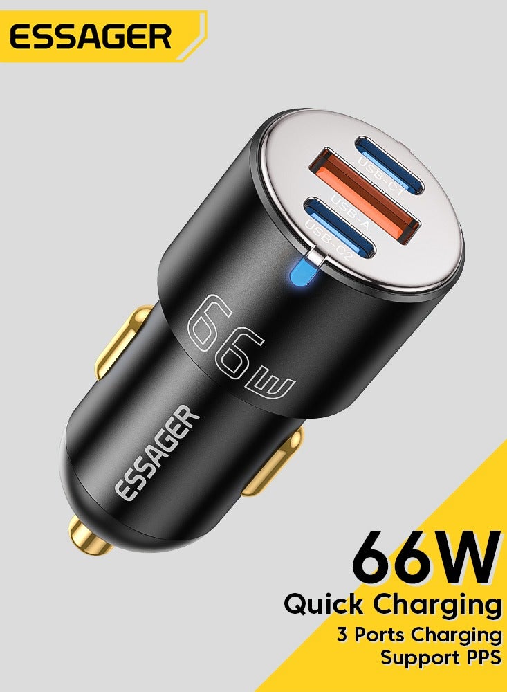 ESSAGER 66W 3-Port Fast Car Charger Adapter, USB C and USB A Aluminum Alloy Car Phone Charger, PD QC3.0 Fast Charging for iPhone Samsung Phones Tablets Laptops, 12V-24V Vehicle Compatible, Black - Image 1