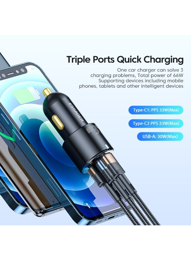 ESSAGER 66W 3-Port Fast Car Charger Adapter, USB C and USB A Aluminum Alloy Car Phone Charger, PD QC3.0 Fast Charging for iPhone Samsung Phones Tablets Laptops, 12V-24V Vehicle Compatible, Black - Image 3