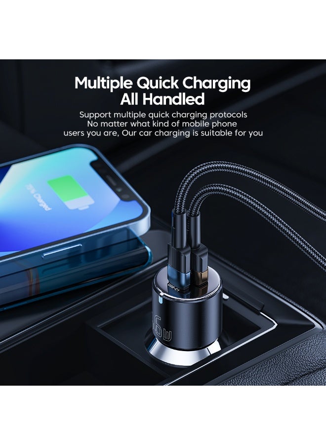 ESSAGER 66W 3-Port Fast Car Charger Adapter, USB C and USB A Aluminum Alloy Car Phone Charger, PD QC3.0 Fast Charging for iPhone Samsung Phones Tablets Laptops, 12V-24V Vehicle Compatible, Black - Image 4