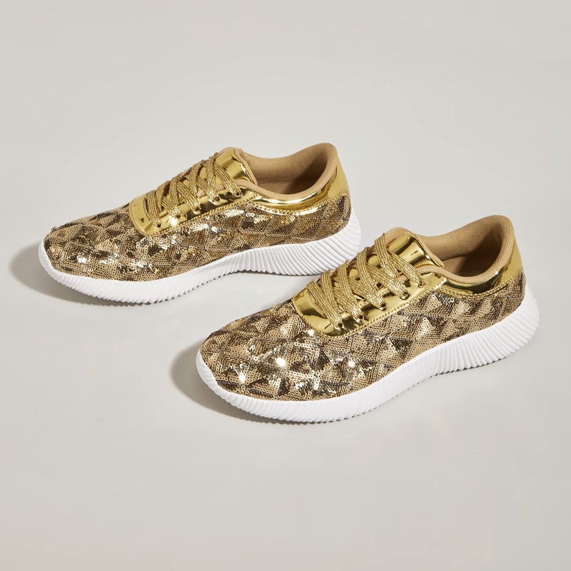 BELOS Women's Glitter Shoes Sparkly Lightweight Metallic Sequins Tennis Shoes(7B(M) US, Gold Sequins) - Image 2