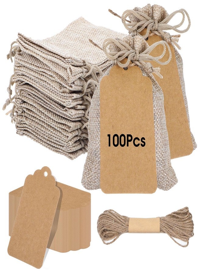 wutfuooo 100 Pcs Burlap Bags with Gift Tags, 3.5 x 5 Inches, Drawstring Burlap Bags, Jewelry Pouches, Reusable Linen Sacks, Gift Wrapping, Bulk - Image 1