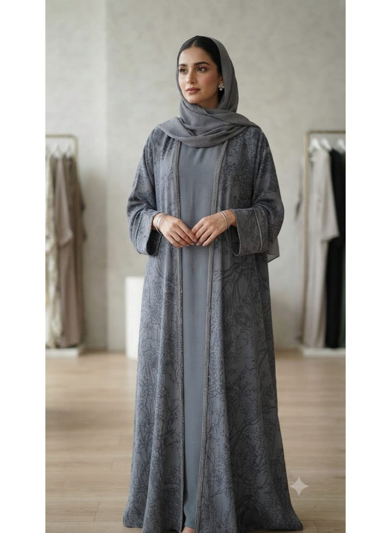 Women's Grey Patterned Open Front Abaya with Matching Inner Dress and Hijab