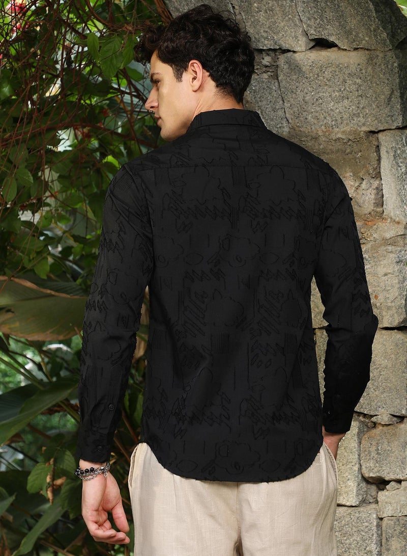 Campus Sutra Campus Sutra Men's Onyx Black Aztec-Weave Shirt For Casual Wear | Spread Collar | Long Cuffed Sleeves | Button Closure | Shirt Crafted With Comfort Fit For Everyday Wear - Image 5