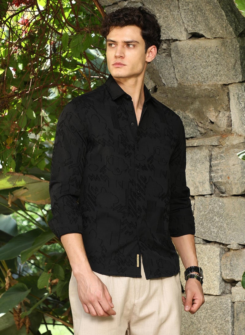 Campus Sutra Campus Sutra Men's Onyx Black Aztec-Weave Shirt For Casual Wear | Spread Collar | Long Cuffed Sleeves | Button Closure | Shirt Crafted With Comfort Fit For Everyday Wear - Image 3