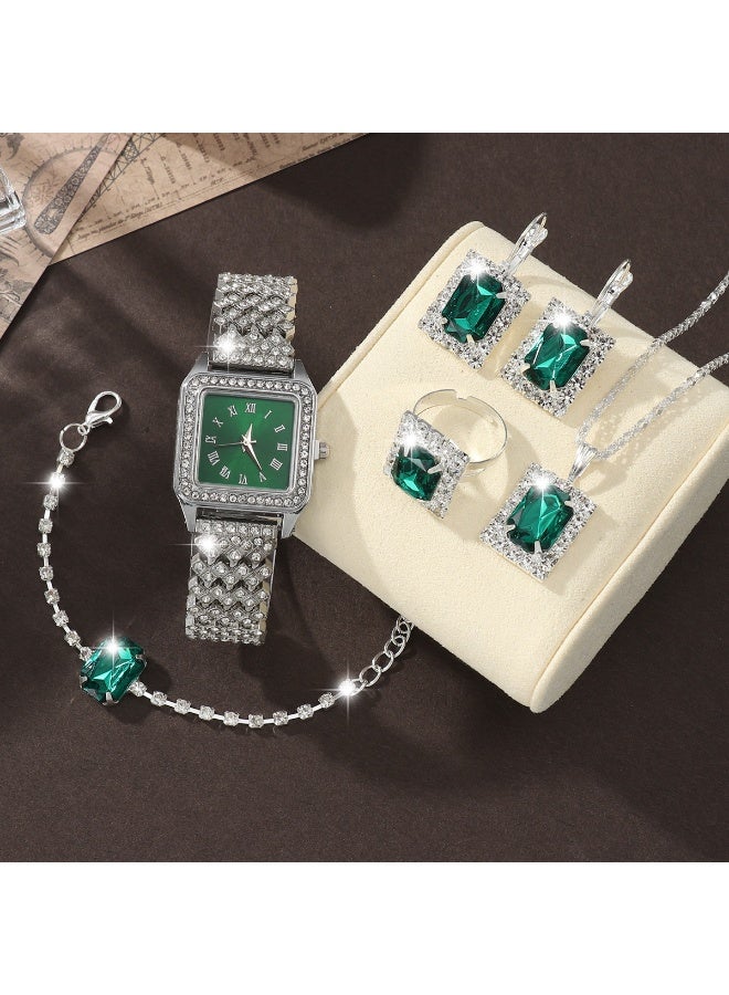 QUARTZ Ladies Watch Fashionable Women Quartz Diamond Wristwatch Classic Simple Watches Business Decoration Bangle Bracelet Necklace Ring Earring Girl Gift Set （5 PCS） - Image 1