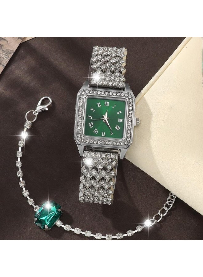 QUARTZ Ladies Watch Fashionable Women Quartz Diamond Wristwatch Classic Simple Watches Business Decoration Bangle Bracelet Necklace Ring Earring Girl Gift Set （5 PCS） - Image 2