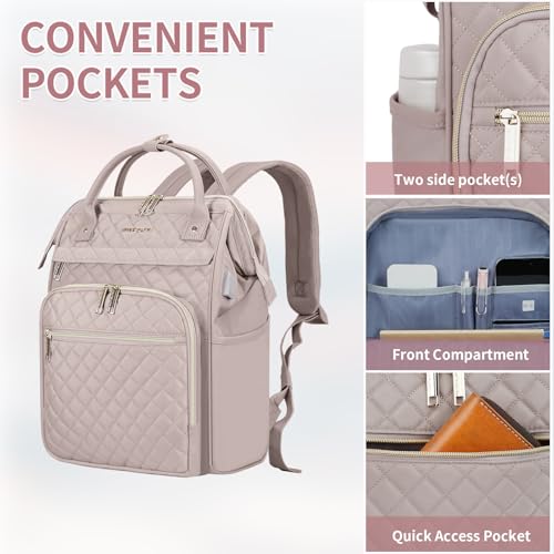 EMPSIGN 17 Inch Laptop Backpack for Women, Work Business Travel Computer College Bags, Large Capacity Water-repellent Quilted Casual Daypack with USB Port, Dusty Pink - Image 4