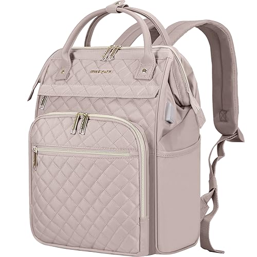 EMPSIGN 17 Inch Laptop Backpack for Women, Work Business Travel Computer College Bags, Large Capacity Water-repellent Quilted Casual Daypack with USB Port, Dusty Pink - Image 1