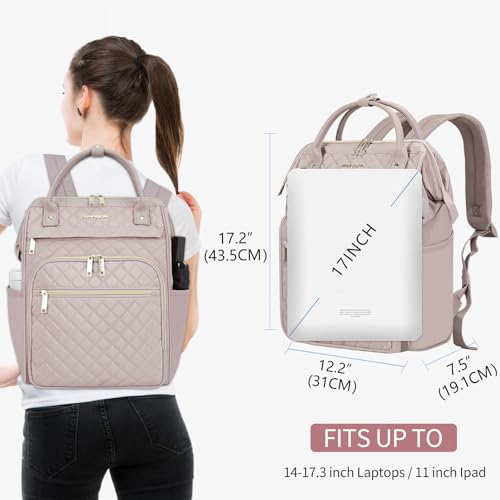 EMPSIGN 17 Inch Laptop Backpack for Women, Work Business Travel Computer College Bags, Large Capacity Water-repellent Quilted Casual Daypack with USB Port, Dusty Pink - Image 2