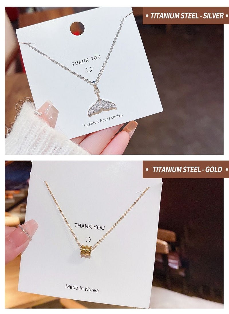 MileMelo 2 Necklaces Titanium Steel Fish Tail and Zircon Pendant Necklace Crystals Jewelry Valentine's Day Gift, Anniversary Gift Silver/Gold/Clear  - Image 2