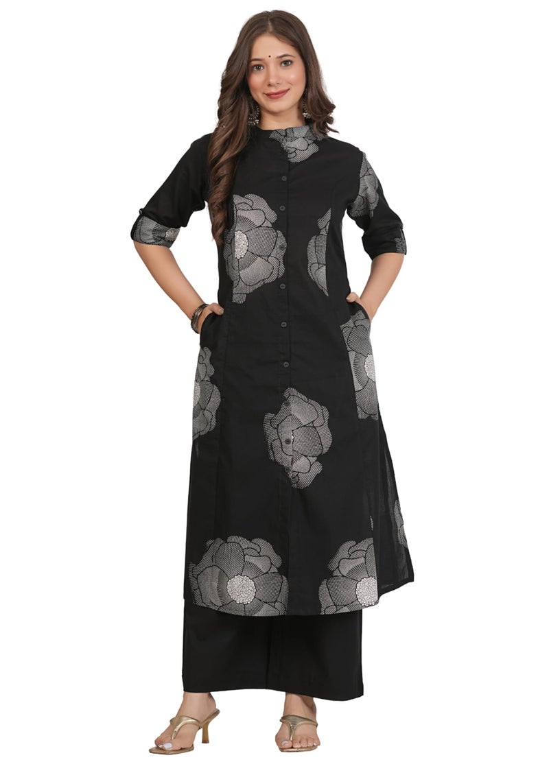 rytras Women's Pure Cotton Printed Ethnic Wear A-Line Kurta Set with Palazzo Pants(RYT674,Black,S) - Image 1
