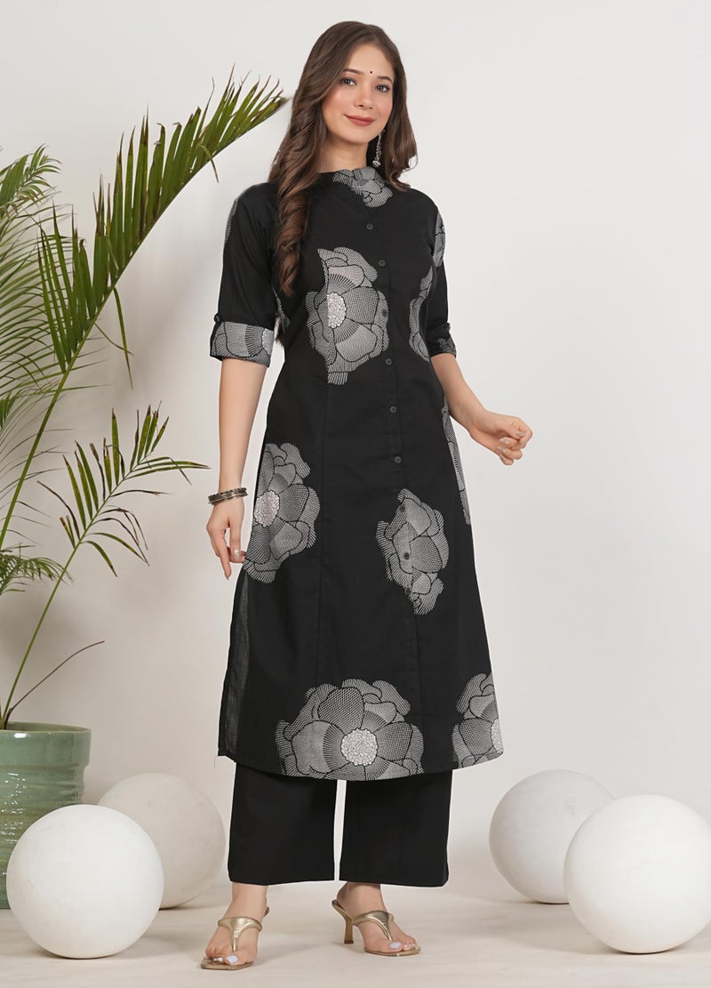 rytras Women's Pure Cotton Printed Ethnic Wear A-Line Kurta Set with Palazzo Pants(RYT674,Black,S) - Image 3
