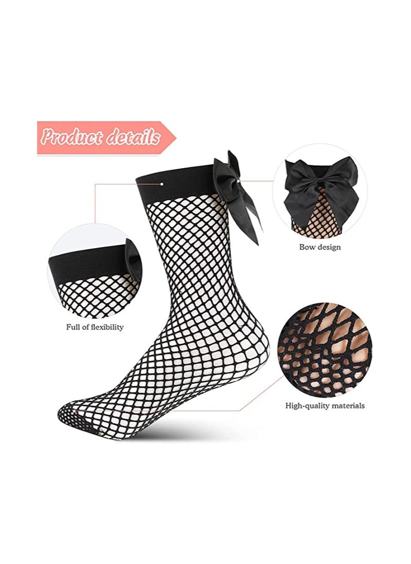 Excefore - Fishnet Socks 4 Pairs Black Fishnet Ankle Socks Summer lovely Net Socks Fishnet Socks with Bow Women Short Fishnet Socks Velvet Mesh Short Stockings Princess Socks Fishnet Socks Socks - Image 1