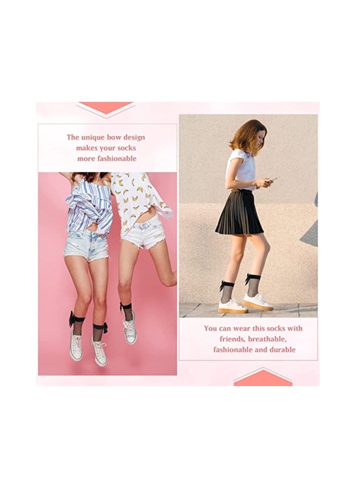 Excefore - Fishnet Socks 4 Pairs Black Fishnet Ankle Socks Summer lovely Net Socks Fishnet Socks with Bow Women Short Fishnet Socks Velvet Mesh Short Stockings Princess Socks Fishnet Socks Socks - Image 1