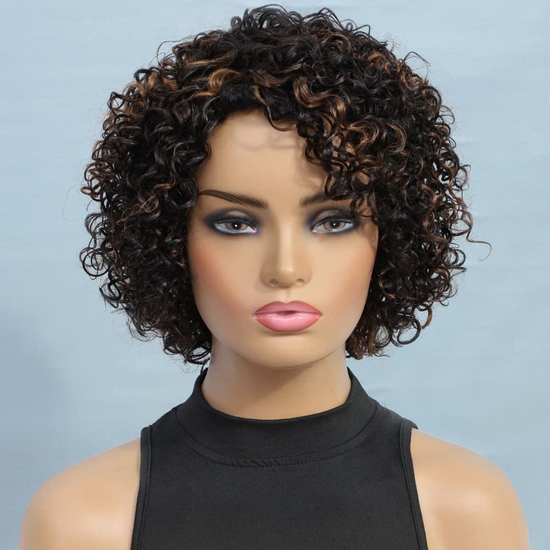 UDU Ombre Curly wig Human Hair Wigs For Black Women Glueless Wigs Human Hair Short Curly Wigs for Black Women Wigs Human Hair Highlighted Piano Color Side Part Short Curly Wigs For Older Women P1B30