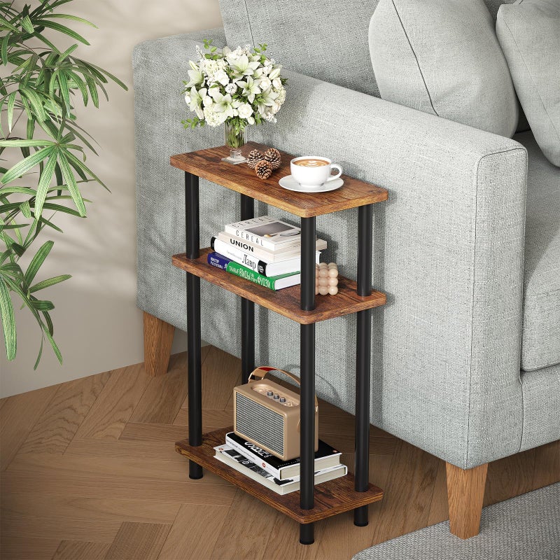 Apicizon Small Narrow Side Table, 3-Tier Skinny End Table for Small Spaces, Slim Nightstand with Storage Shelf, Bedside Table for Living Room, Bedroom, Rustic Brown and Black - Image 1